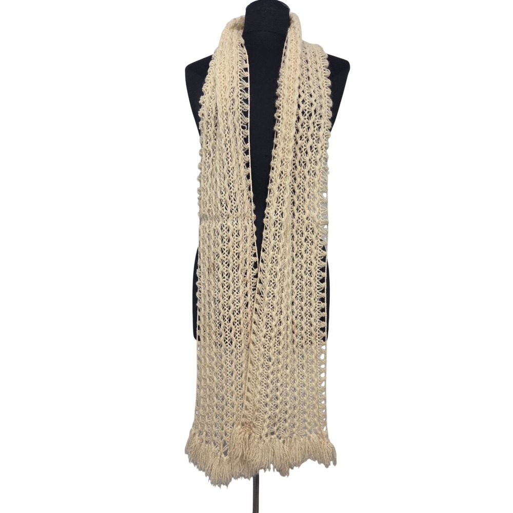 Vintage Handmade Crochet Scarf Cream Open Knit Fringe Boho Cottagecore Wrap